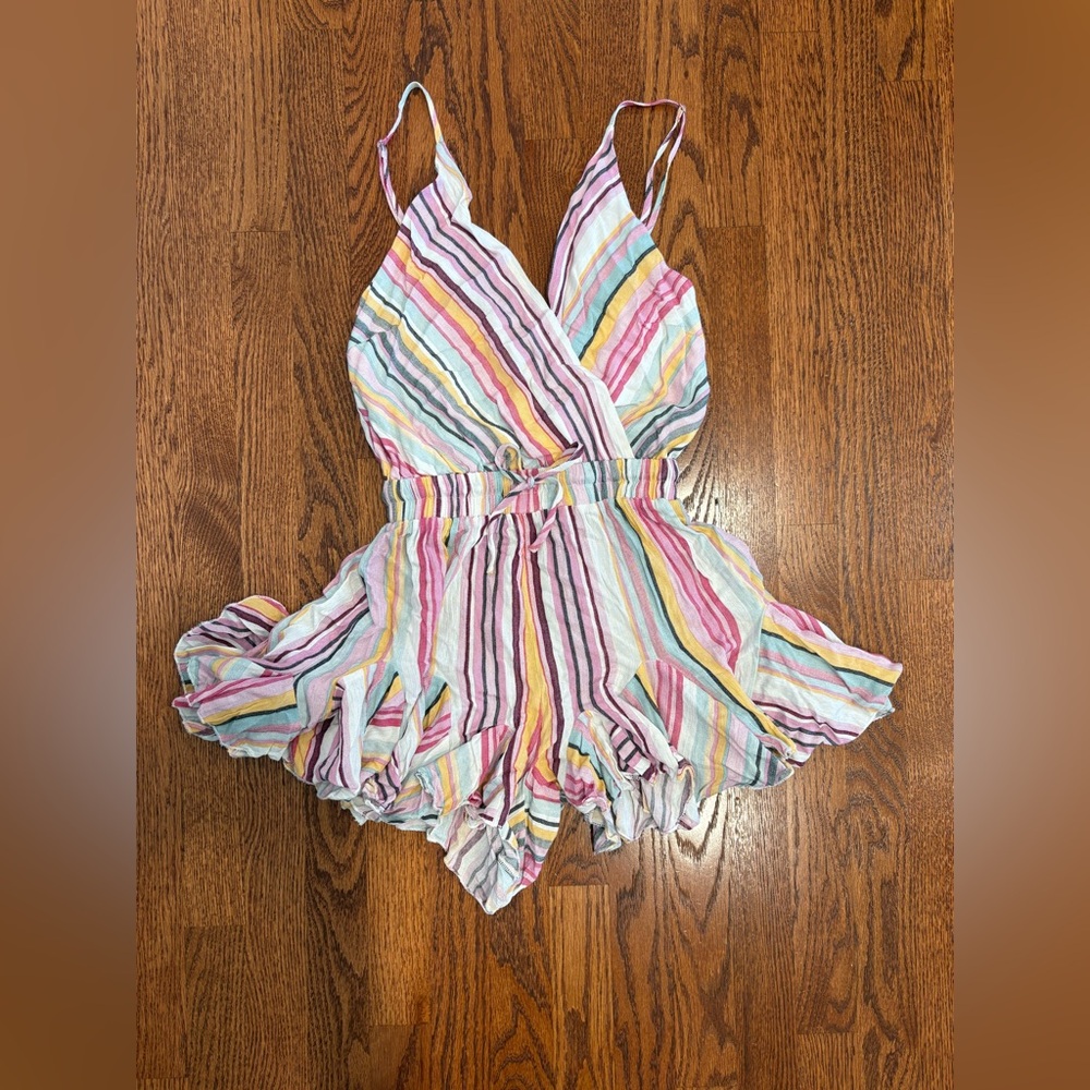 VICI Luxxel Pink Striped Ruffle Flounce Romper